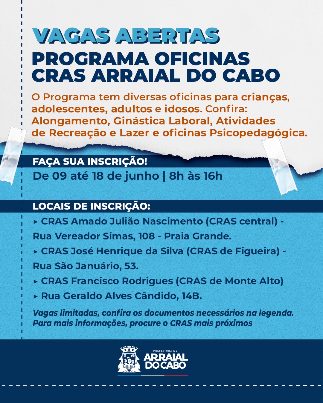 Programa "Oficinas nos CRAS" abre mais de 100 vagas em Arraial do Cabo para crianças, adolescentes e idosos