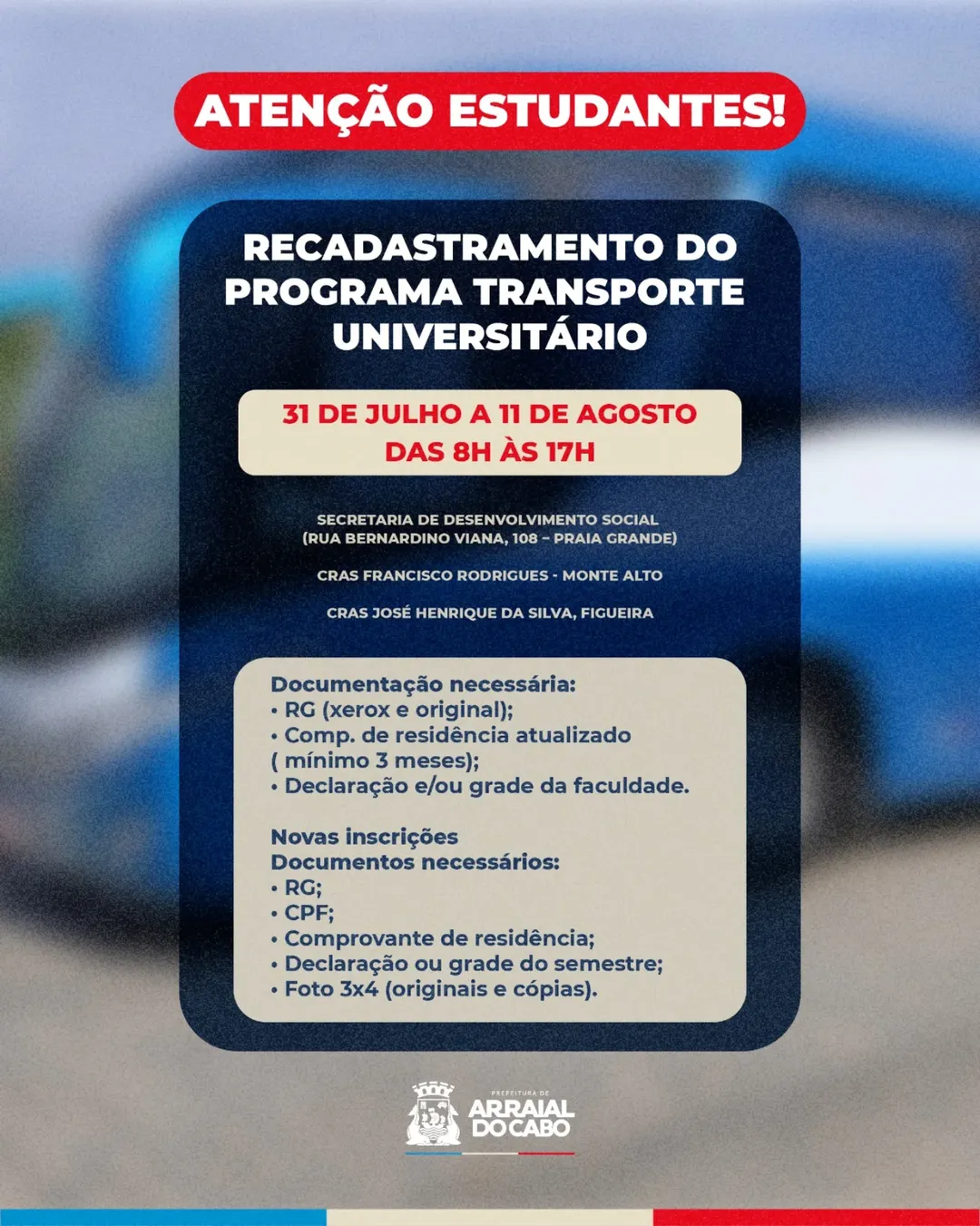 Prefeitura de Arraial do Cabo convoca estudantes para recadastramento no Programa de Transporte Universitário