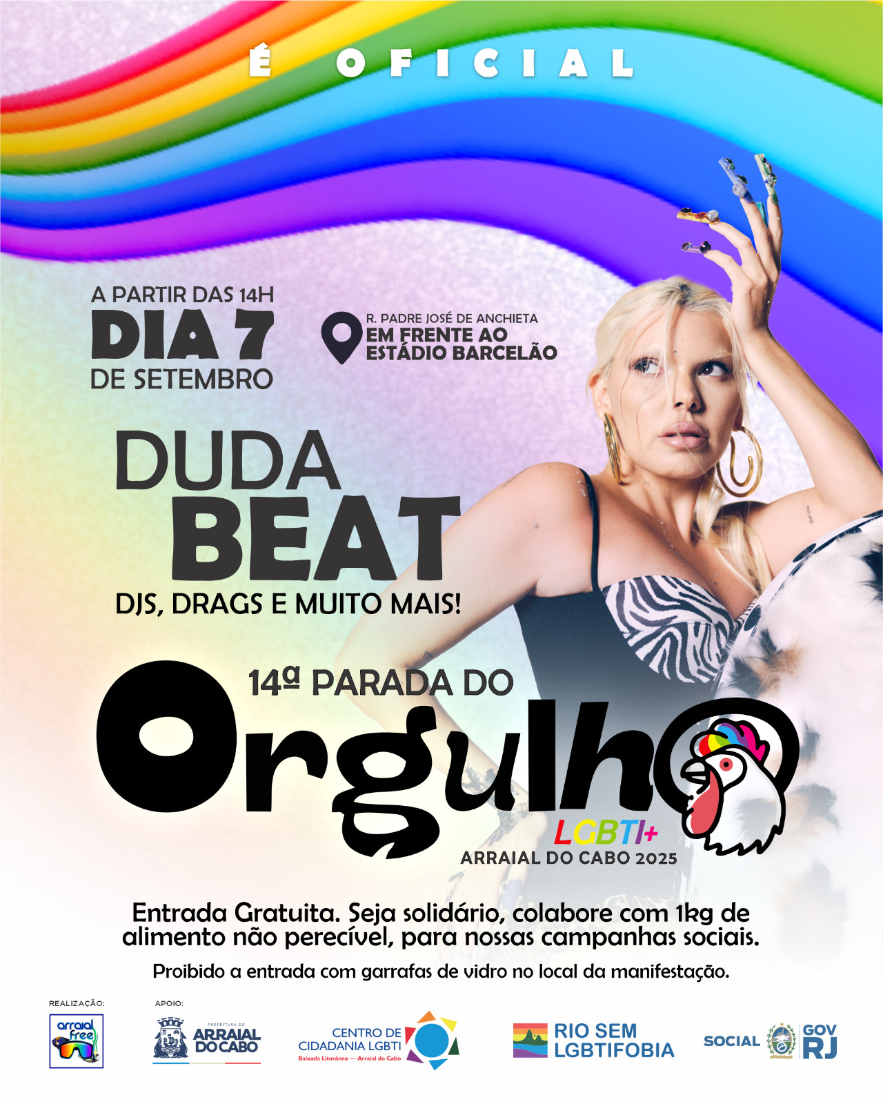 14ª Parada do Orgulho LGBTI+ de Arraial do Cabo acontece em 07 de setembro com show de Duda Beat