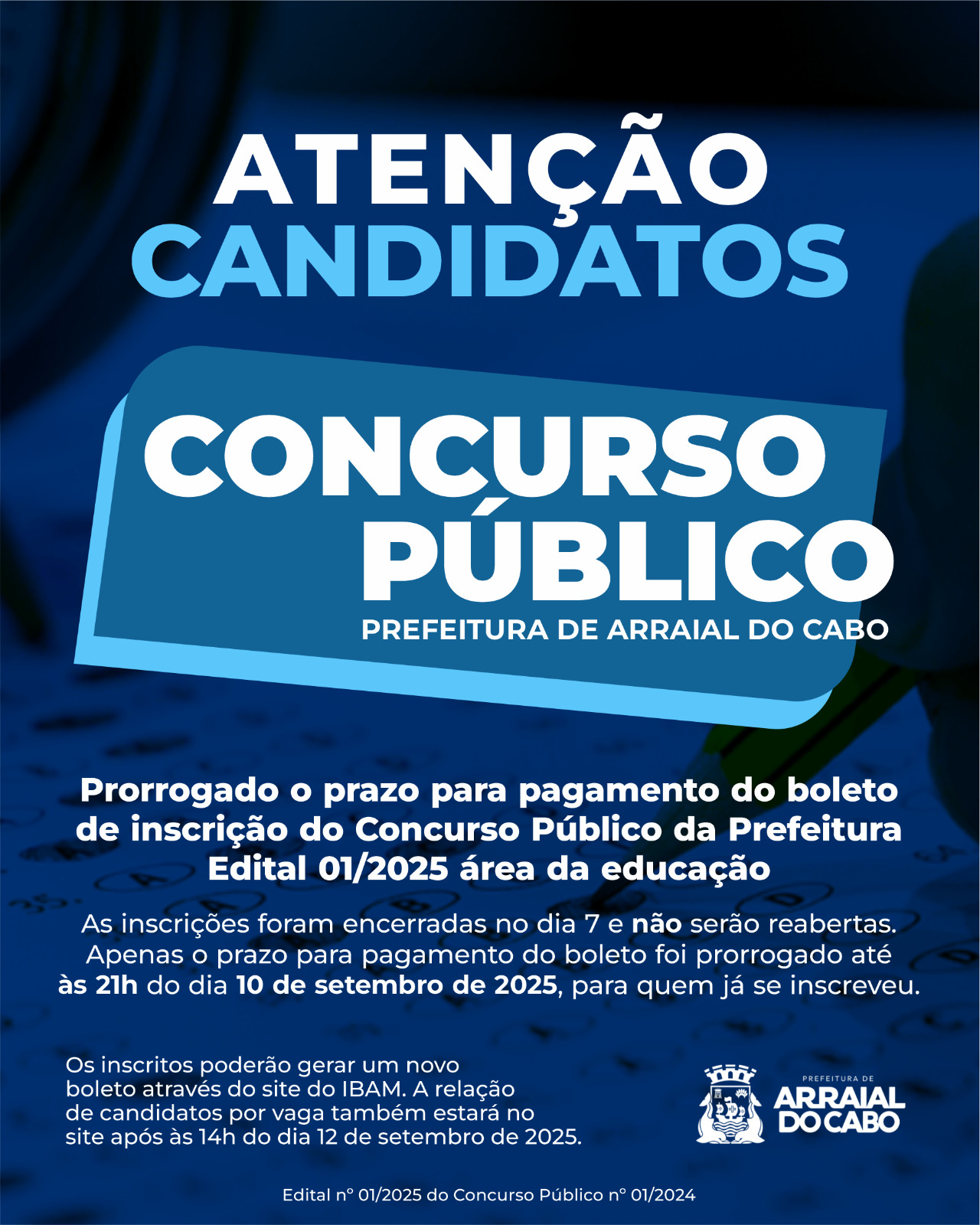 Prorrogado o prazo para pagamento do boleto de inscrição do Concurso Público da Prefeitura – Edital 01/2025 área da educação