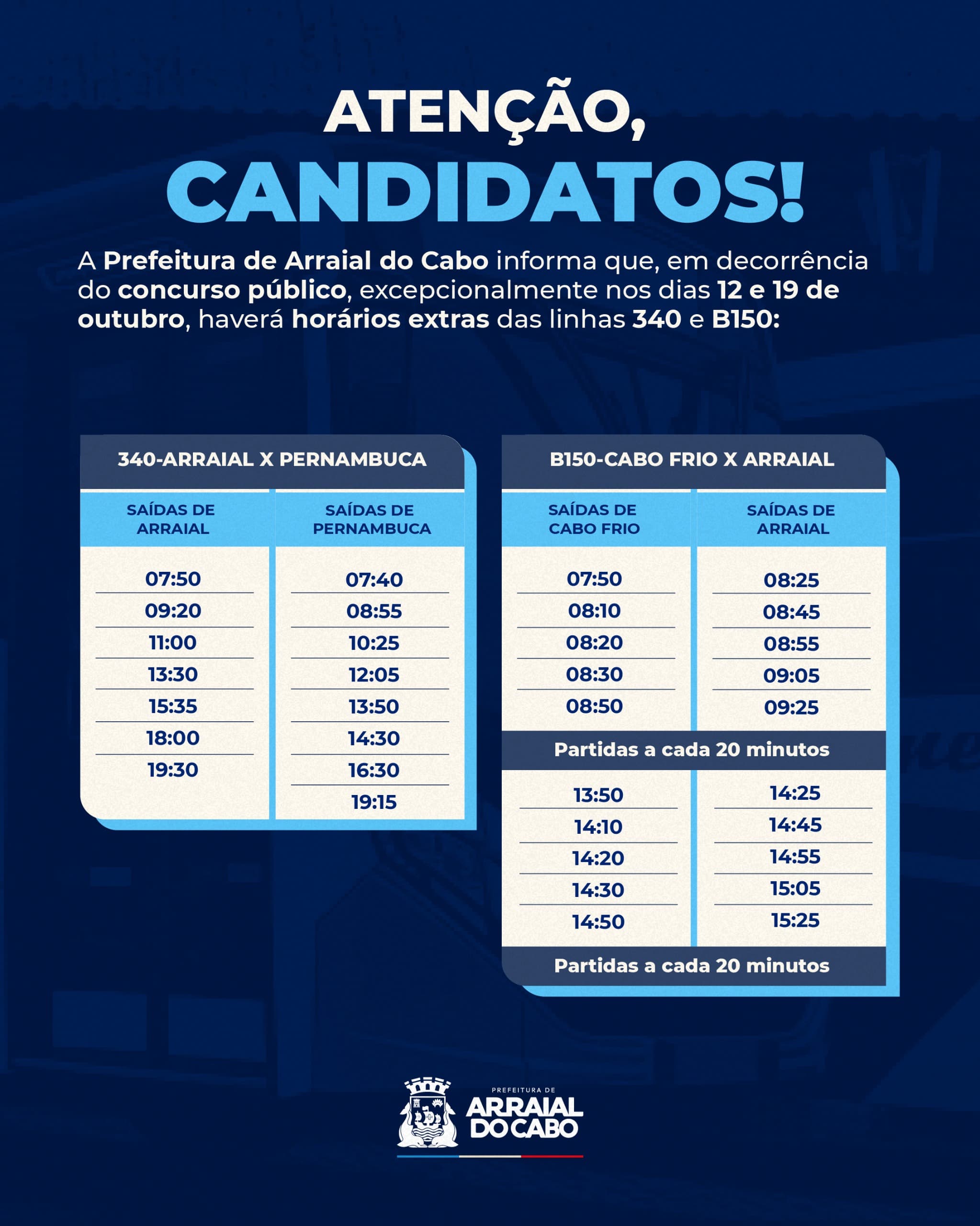 Horários de ônibus serão ampliados nos dias de prova do Concurso Público n° 01/2024